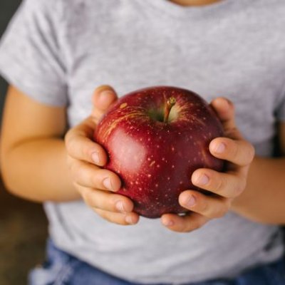 A close up image of a child's hands holing a large red apple.